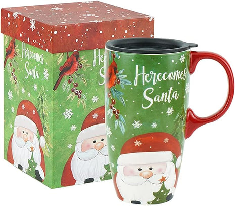 Topadorn Christmas Ceramic Mug Coffee Cup with Sealed Lid and Gift Box Latte Mug, 17oz. Here Comes Santa Claus