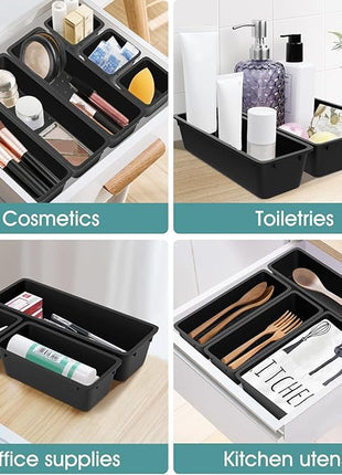 WOWBOX 25 PCS Plastic Drawer Organizer Set, Desk Drawer Divider Organizers and Storage Bins for Makeup, Jewelry, Gadgets for Kitchen, Bedroom, Bathroom, Office, Deep Black