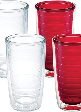 Tervis Clear & Colorful Tabletop Made in USA Double Walled Insulated Tumbler Travel Cup Keeps Drinks Cold & Hot, 16oz - 4pk, Clear and Red