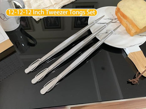 JETKONG 12-Inch Cooking Tweezer Tongs Food Tweezers for Kitchen and Barbecue, Set of 3 (12 12 12 Inch, Silver)