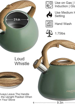 Poliviar Tea Kettle, 2.7 Quart Seaweed Green Finish with Wood Pattern Handle Loud Whistle Food Grade Stainless Steel Teapot, Anti-Hot Handle and Anti-Rust, Suitable for All Heat Sources (JX2020-SB30)
