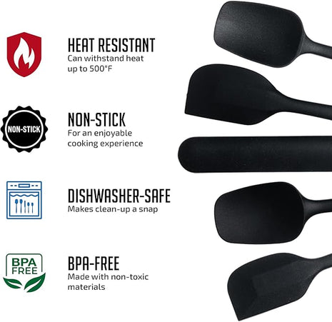 OVENTE Silicone Spatula Set of 5, Food Grade Rubber Spatula with High Heat Resistant, BPA-Free and Dishwasher Safe, Nonstick Kitchen Utensils for Baking, Cooking and Mixing, Black SP12305B