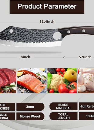 Purple Dragon Kitchen Knife 8 Inch Ultra Sharp Japanese Butcher Knife for Meat Cleaver Vegetable Cutting with Finger Hole Hand Forged High Carbon Steel Chef Knives Christmas Gift for Men and Women