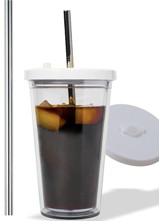 Reusable Iced Coffee Cup (16 Oz/Grande), Leak Proof and Double Wall Insulated Iced Coffee Tumbler, Come with Reusable Plastic and Metal Straws and Straw Cleaner - White