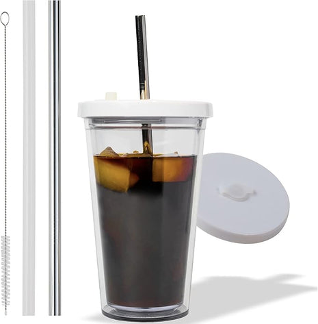 Reusable Iced Coffee Cup (16 Oz/Grande), Leak Proof and Double Wall Insulated Iced Coffee Tumbler, Come with Reusable Plastic and Metal Straws and Straw Cleaner - White