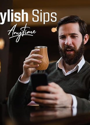 Double-Wall Insulated Whiskey Glass – Stemless Nosing Glass for Bourbon, Scotch & Whisky – Wood Finish – Gift for Men, Dad, Whiskey Lovers (Set of 2)