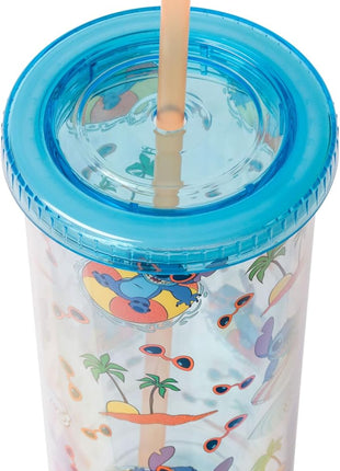 Silver Buffalo Disney Lilo and Stitch Beach Island Stitch in Floatie Swim Ring Plastic Glitter Cold Cup with Lid and Straw, 20 Ounces