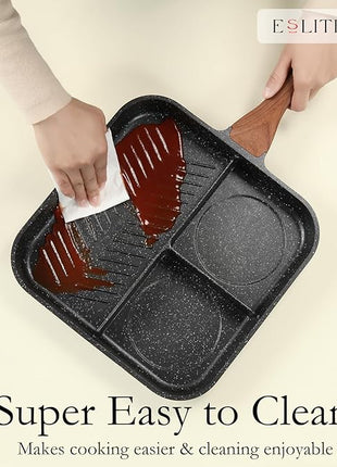ESLITE LIFE 11 Inch Nonstick Divided Grill Pan for Indoor Cooking, Versatile 3-In-1 Induction Large Breakfast Pan for Stove Tops, PTFE & PFOA Free, Black