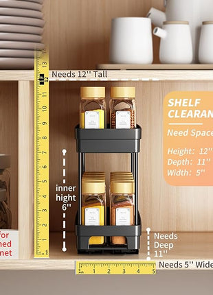 2 Pack Pull Out Spice Rack Organizer for Cabinet, Slide Out Spice Racks Organizer, Spice Cabinet Organizers, Cabinet Size Need:12'' Highx11'' Deepx5'' Wide,Hold 10 Spice Jar Each Tier-2Tier, Black