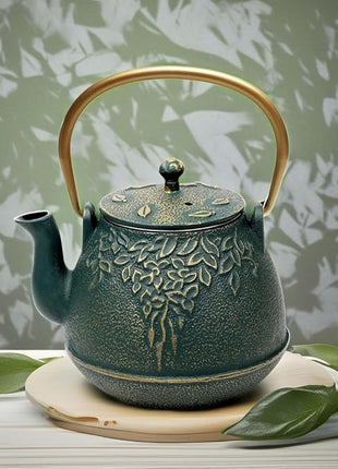 TOPTIER Japanese Cast Iron Tea Kettle with Infuser, Leaf Design Teapot Stovetop Safe Coated with Enameled Interior for 32 Ounce (950 ml), Dark Green