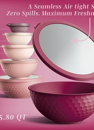 COOK WITH COLOR Mixing Bowls with Lids - 12 Piece Plastic Nesting Bowls Set includes 6 Prep Bowls and 6 Lids, Non Slip Bottom and Embossed Design - Microwave Safe (Rose)