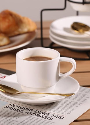 Lareina 3-Ounce Espresso Cups with Saucers, Spoons and Metal Stand, Small Stackable Coffee Cups Set of 4, Ceramic Demitasse Mugs, White