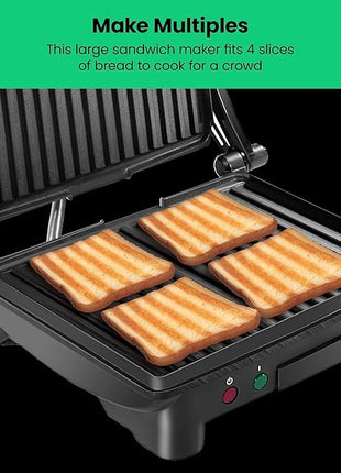Chefman Panini Press Grill and Gourmet Sandwich Maker Non-Stick Coated Plates, Opens 180 Degrees to Fit Any Type or Size of Food, Stainless Steel Surface and Removable Drip Tray, 4 Slice, Black