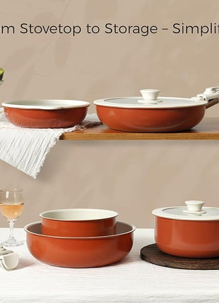 15Pcs Pots and Pans Set Non Stick, Cookware Sets with Detachable Handle, Nonstick RV Kitchen Cooking Tools Removable Handles, Oven Safe, Induction Fast, Stackable Induction Cookware, Tangerine