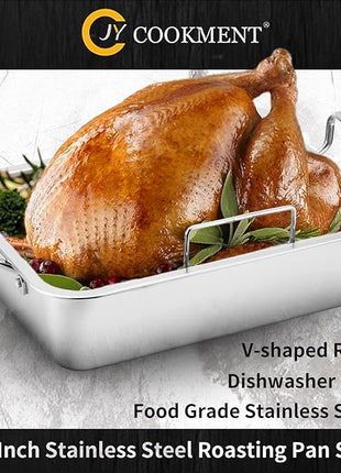 15 Inch Stainless Steel Roasting Pan with V-Shaped Rack and Turkey Baster - Rectangular Roaster for Turkey, Chicken, Vegetables - Fits 20lb Turkey