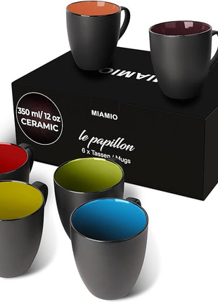 MIAMIO - Set of 6 Stoneware Coffee Mugs 12 Ounce/Cup Set - Le Papillon Collection (Black-Colourful)