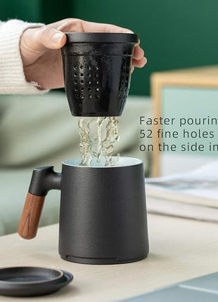 ZENS Tea Cup with Infuser and Lid for Loose Leaf Tea Steeper, 12oz Black Ceramic Tea Mug with Wood Handle for Tea Lovers Gifts