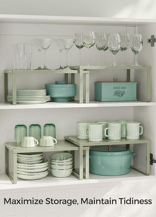 SONGMICS Spice Racks, Set of 4 Metal Cabinet Shelf Organizers, Countertop Organizers, Shelf Risers, Stackable, Expandable, Sage Green UKCS006C01