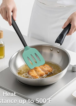 Coukre 3 Pack Silicone Spatula Set, High Heat Resistant, BPA-Free, Fish Spatula, Solid & Slotted Turner for Non-Stick Pans, Flipping Eggs, Pancakes, Fish, Burgers (3, AquaGreenBlack)