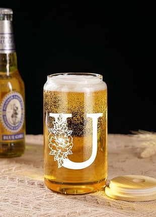 Coolife Initial Glass Cup, Monogrammed Gifts for Women, 16 oz Glass Cups w/Lids Straws, Iced Coffee Smoothie Beer Tumbler w/Straw Lid - Personalized Christmas, Birthday Gifts for Her Mom Friend Woman