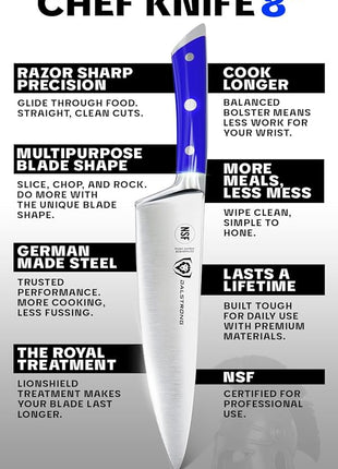 DALSTRONG Chef Knife - 8 inch Blade - Gladiator Series - Forged High Carbon German Steel - Razor Sharp Kitchen Knife - Professional Full Tang Knives - Blue Handle ABS - Sheath - NSF Certified