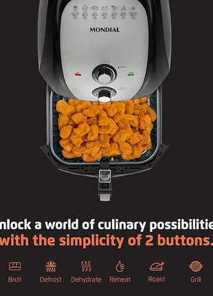 MONDIAL Air Fryer - 8.6 Quart Extra-Large Air Fryer, 2 Simple Dial Controls, 1800 Watts - Quick Heat Circulation Technology, Low Fat Cooking Less Calories - Removable Squared Basket - Black