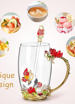 OEAGO Gifts for Women Mom Mothers Tea Cup Best Birthday Butterfly Rose Gifts for Her from Daughter Son Glass Coffee Christmas Enamels Mug Lead-Free with Spoon Set