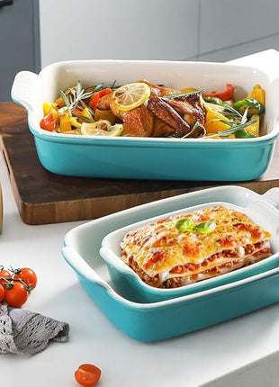 Sweejar Baking Pans Set, Ceramic 9x13 Baking Dish with Handle, Rectangular Casserole Dishes for Oven, Bakeware Sets of 3, Durable Lasagna Pan Deep for Kitchen, Banquet, Wedding Gift(Turquoise)