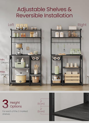 VASAGLE Bakers Rack with Power Outlet, 35.4 Inches Microwave Stand, Coffee Bar, 4 AC Outlets, with Adjustable Shelves, 8 S-Hooks, Basket, Spice Racks, Charcoal Gray and Ink Black UKKS031B22