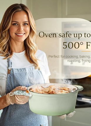 Overmont Enameled Cast Iron Dutch Oven - 5.5QT Pot with Lid Cookbook & Cotton Potholders - Heavy-Duty Cookware for Braising, Stews, Roasting, Bread Baking Verdant