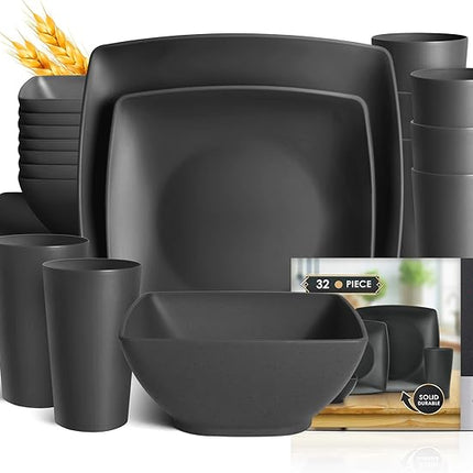 Teivio 32-piece Plastic Wheat Straw Square Dinnerware Set for 8, Unbreakable Dinner Plates, Salad Plates, Snack Bowls, Tumblers, Dishwasher Safe, Black