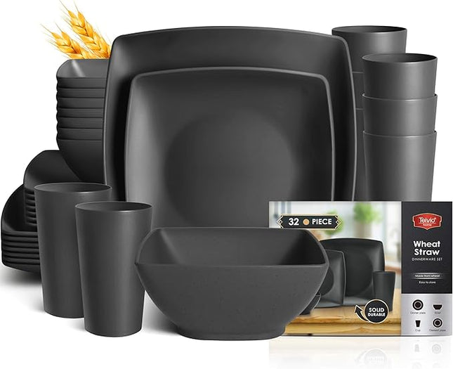 Teivio 32-piece Plastic Wheat Straw Square Dinnerware Set for 8, Unbreakable Dinner Plates, Salad Plates, Snack Bowls, Tumblers, Dishwasher Safe, Black