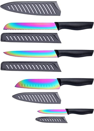 Marco Almond Kitchen Knife Set, KYA36 12-Piece Rainbow Color Stainless Steel Chef Boxed Knives Set for Kitchen with Covers, 6 Knives with 6 Blade Guards, Black