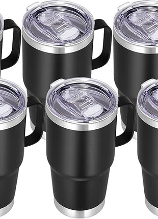 VEGOND 20 oz Tumbler Bulk with Handle Lid and Straw, Stainless Steel Insulated Travel Coffee Mug Set, Spill Proof Double Wall Metal Tumblers Cups, Black 6 Pack