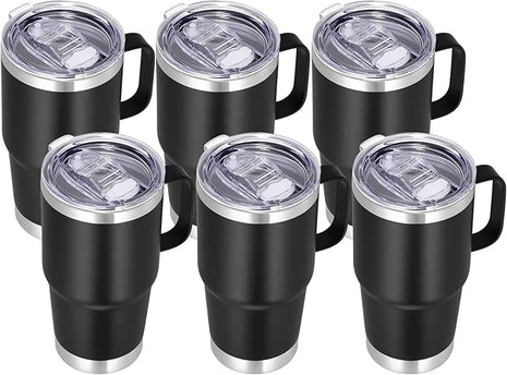 VEGOND 20 oz Tumbler Bulk with Handle Lid and Straw, Stainless Steel Insulated Travel Coffee Mug Set, Spill Proof Double Wall Metal Tumblers Cups, Black 6 Pack