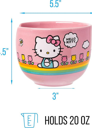 Silver Buffalo Hello Kitty Spring and Summer Flowers Rainbow Stripes Ceramic Ramen Noodle Rice Bowl with Chopsticks, Microwave Safe, 20 Ounces