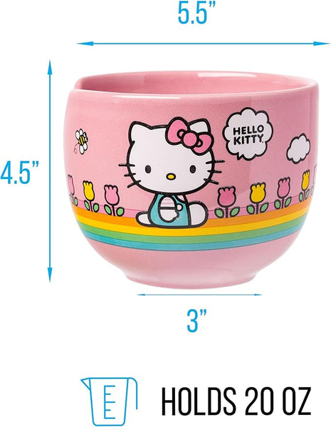 Silver Buffalo Hello Kitty Spring and Summer Flowers Rainbow Stripes Ceramic Ramen Noodle Rice Bowl with Chopsticks, Microwave Safe, 20 Ounces