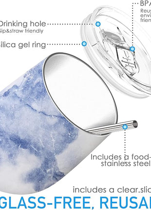 THILY Stainless Steel Insulated Wine Tumblers 12 oz Cute Travel Stemless Glasses with Sliding Lids and Metal Straws, Keep Hot or Cold for Wine, Coffee, Juice, 2 Pack(Gold Marble + Blue Marble)