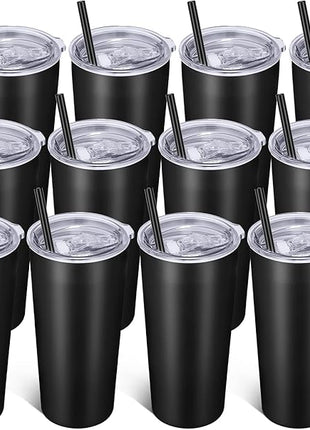 VEGOND 20oz Tumbler Bulk with Lid and Straw 12 Pack, Stainless Steel Vacuum Insulated Tumbler, Double Wall Coffee Cup Travel Mug, Black