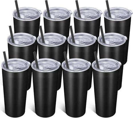 VEGOND 20oz Tumbler Bulk with Lid and Straw 12 Pack, Stainless Steel Vacuum Insulated Tumbler, Double Wall Coffee Cup Travel Mug, Black