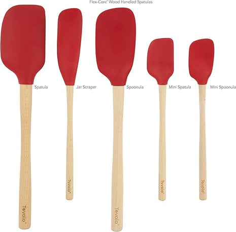 Tovolo Silicone Spatula with Wooden Handle Set of 5 Piece Silicone Kitchen Utensil Set Spoonula Jar Scraper Mini Spatula and Spoonula for Cooking Baking Mixing Folding Cayenne Red
