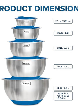 Viking Mixing Bowls Set, 10 Piece Stainless Steel Kitchen Cookware, Non-Slip Silicone Base, Includes Tight Fit Lids, Dishwasher Safe, Blue