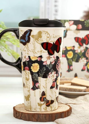 Topadorn 17oz Ceramic Travel Coffee Mug with Sealed Lid Tea Cup with Color Box, Microwave & Dishwasher Safe Unique Mug, Holiday Gift Her Him, Flower & Butterfly
