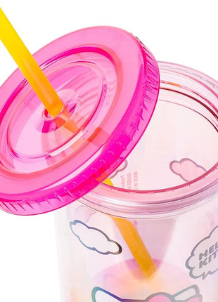 Silver Buffalo Sanrio Hello Kitty Spring and Summer Flowers Rainbow Stripes Plastic Cold Cup with Lid and Straw, 20 Ounces