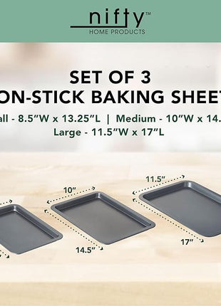 Nifty Cookie & Baking Sheets (Set of 3) – Non-Stick Coated Steel, Dishwasher Safe, Oven Safe up to 450 Degrees, includes Large/Med/Small Pans