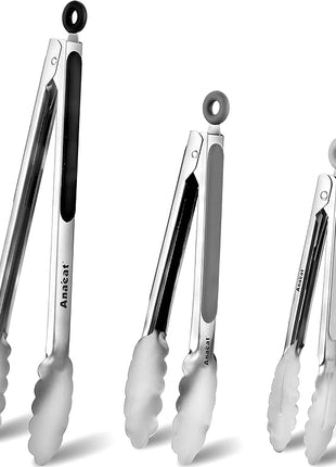 Anaeat Stainless Steel Locking Tong Set of 3 - Premium 7, 9 and 12 inch Kitchen Food Tongs with Non-Slip Silicone Tips and Grip for Serving, Cooking, Baking and BBQ - Heavy Duty & Heat Resistant
