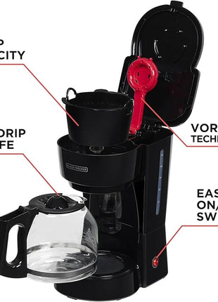 BLACK+DECKER 12-Cup Coffee Maker with Easy On/Off Switch, Easy Pour, Non-Drip Carafe with Removable Filter Basket, Vortex Technology, Black