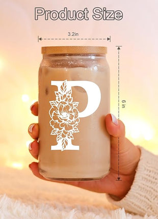 Coolife Initial Glass Cup, Monogrammed Gifts for Women, 16 oz Glass Cups w/Lids Straws, Iced Coffee Smoothie Beer Tumbler w/Straw Lid - Personalized Christmas, Birthday Gifts for Her Mom Friend Woman