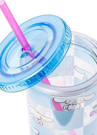 Silver Buffalo Sanrio Hello Kitty and Friends Cinnamoroll Cherry Blue Checkered Plastic Cold Cup with Lid and Straw, 20 Ounces