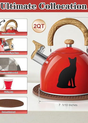 ARC Stainless Steel Red Whistling Tea Kettle, Magic Color Changing Design 2-Quart Stovetop Kettle Whistle Teapot with Folding Cup & Trivet Mat